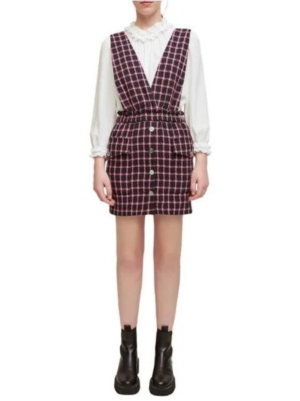 Maje Black & Fuchsia Houndstooth Jumpsuit dress Skirt Ovell